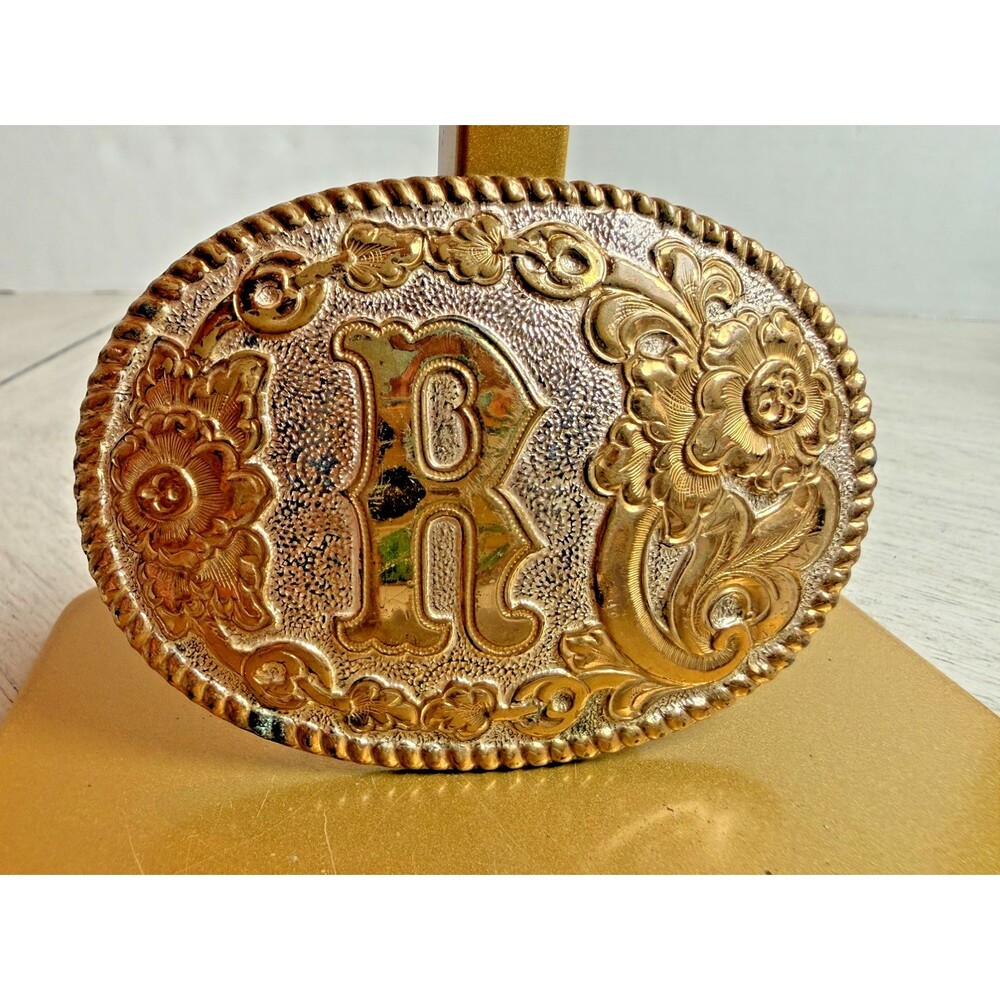 Vintage Crumrine Western Belt Buckle Letter R Initial Silver Plate on Bronze